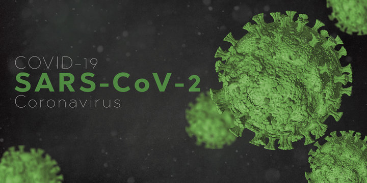 Microscopic view of Coronavirus Covid-19. Green Concept of SARS-CoV-2. Virus Infection. Medical wallpaper. 3D illustration of coronavirus. Black background.
