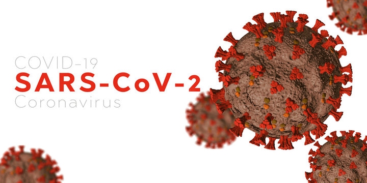 Microscopic view of Coronavirus Covid-19. Orange Concept of SARS-CoV-2. Virus Infection. Medical wallpaper. 3D illustration of coronavirus. White background.