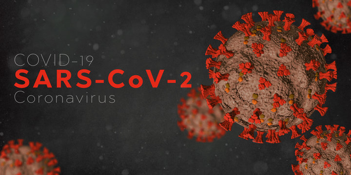 Microscopic view of Coronavirus Covid-19. Orange Concept of SARS-CoV-2. Virus Infection. Medical wallpaper. 3D illustration of coronavirus. Black background.