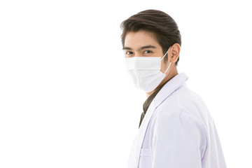 Young Asian man in lab coat in white background