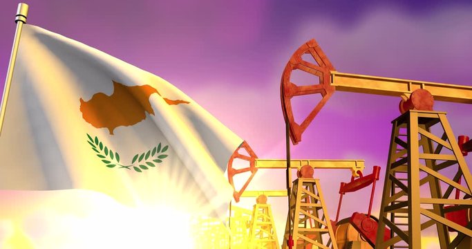 Cyprus flag waving on background of oil wells pumping oil on sunset. Oil industry concept, 4K 3d animation
