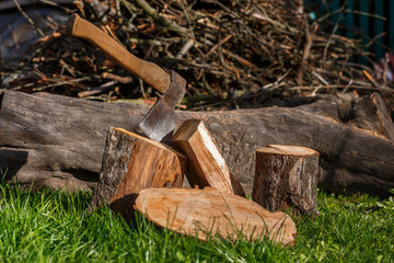 Firewood with an ax in a clearing with green grass