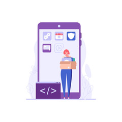 Woman standing and holding box with mobile application. Mobile application development banner. Concept of app development, mobile interface, designing and programming technologies. Vector illustration