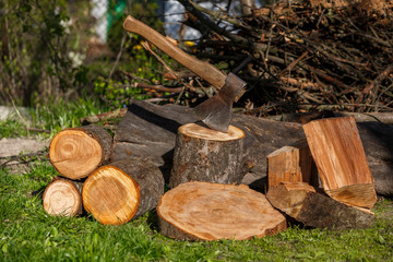 Firewood with an ax in a clearing with green grass