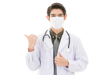 Young Asian man in lab coat in white background