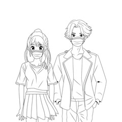 young couple using face masks anime characters