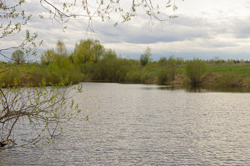 Spring cloudy landscape with small lakes and trees near the shore