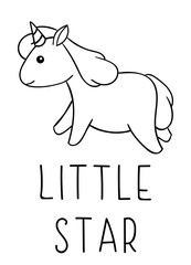 Coloring pages, black and white cute kawaii hand drawn unicorn doodles, lettering little star