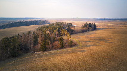 Rural panorama of spring agriculture fields and wood. Beginning of gardening season