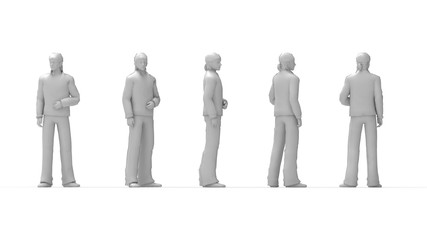 3D rendering of a casual man multiple views side front isolated