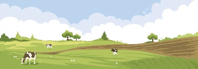 Rollo Abstrakte ländliche Landschaft mit Kühen. Aquarellillustration, Weizenfelder und Wiesen © imagination13