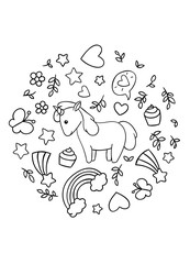 Coloring pages, black and white cute kawaii hand drawn unicorn doodles, circle print