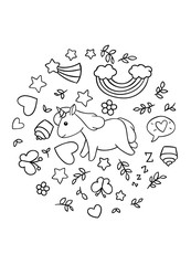 Coloring pages, black and white cute kawaii hand drawn unicorn doodles, circle print