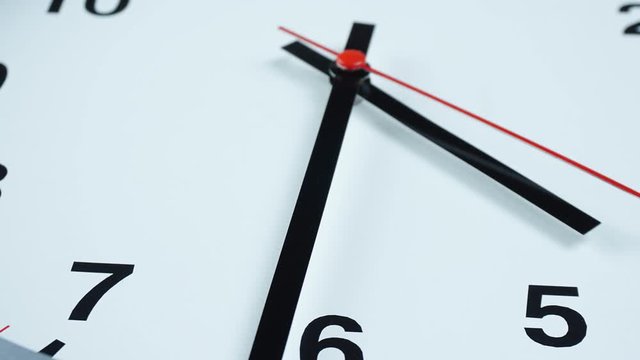 Closeup Zoom out,  White wall clock face beginning of time 04.25 am or pm., Time lapse moving fast, Time concept.