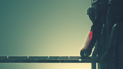 Cryogenic hibernation capsule with a human body inside. Metal bridge to cryo chamber in empty space with volumetric light in an abandoned sci-fi interior. Cryopod with misted glass. 3d illustration. © roman3d