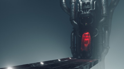 Cryogenic hibernation capsule with a human body inside. Metal bridge to cryo chamber in empty space with volumetric light in an abandoned sci-fi interior. Cryopod with misted glass. 3d illustration. © roman3d