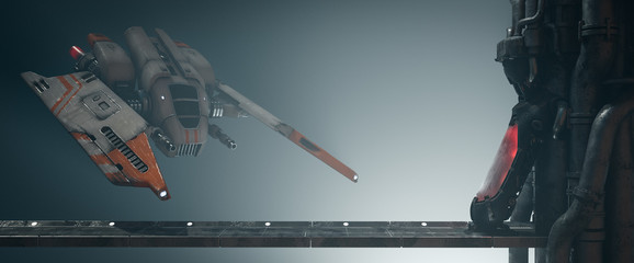 Old scratched metal white orange spaceship hovering over a bridge with a cryo chamber in empty space with volumetric light in an abandoned sci-fi interior. Assault fighter, gunship. 3d illustration. © roman3d
