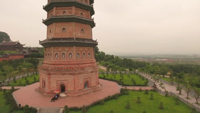 Aerial Lateral Shot of Xa Loi stupa at Bai Dinh Temple Spiritual and Culture Complex in Ninh Binh Vietnam, the largest spiritual tourist place in Vietnam