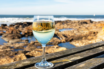 Glass of white wine on the background of the Atlantic Ocean
