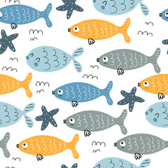  undersea seamless pattern with cartoon fish, starfish, decor elements. Colorful vector flat for kids. hand drawing. baby design for fabric, print, wrapper, textile