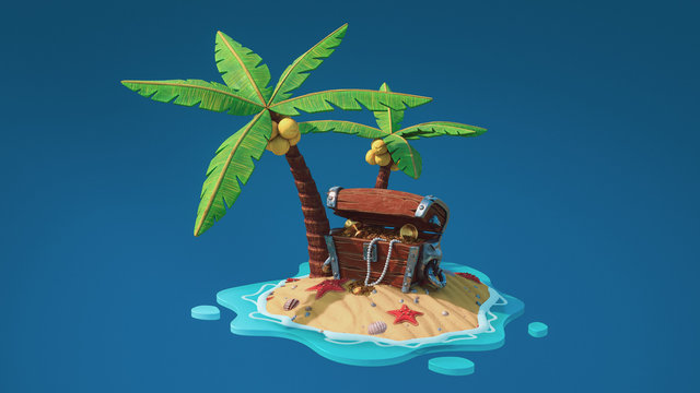 Opened wooden chest standing under palm trees on the sand with sea shells, starfish. Old pirate fantasy treasure chest lost on island with gold coins, goblet, pearl beads. 3d render on blue background