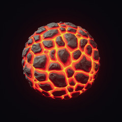 Alien hot planet with cracked surface of molten lava on a dark background. Volcanic land. Burning coals after eruption volcano. Deep space, stars, science fiction. Fantastic planet. 3d illustration
