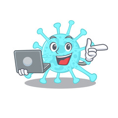 Cartoon character of cegacovirus clever student studying with a laptop