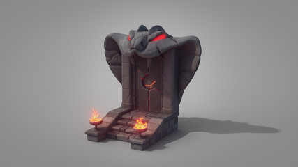 Above the gate is a stone sculpture of head of a cobra with glowing red eyes. Burning torches on the sides of the stairs. Game location. Concept art of medieval stone door with snake. 3d illustration