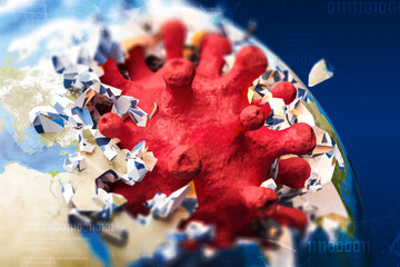 A virus that destroys the earth. Asian influenza coronavirus outbreak. Pandemic, the spread of the virus around the world. Global problem. Elements of this image furnished by NASA. 3d rendering