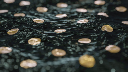 Golden circles on dark wavy background with strong bokeh effect - 3D rendering