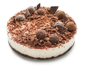 Tasty chocolate cheesecake on white background