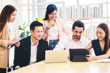 Fototapeta premium Business team meeting or brainstorming and discussing with financial data and analyzing report graph at office. Teamwork meeting and partnership conference working concept.