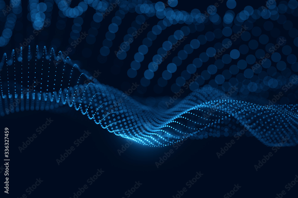 Aufkleber moving neon blue dots pattern forming a digital network connection on dark background