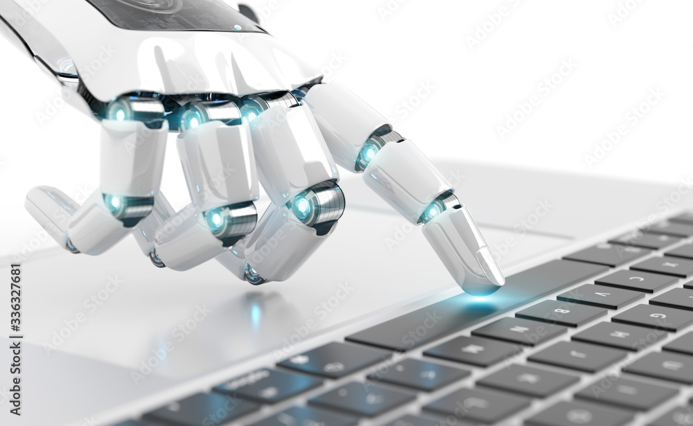 Poster white robot cyborg hand pressing a keyboard on a laptop 3d rendering