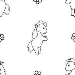 Seamless pattern, black and white cute hand drawn horse doodle, coloring pages