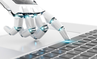 White robot cyborg hand pressing a keyboard on a laptop 3D rendering