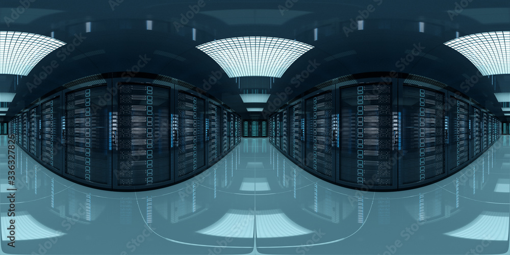 Fototapete High resolution HDRI panoramic view of a server data room center. 360 panorama reflection mapping of a computer storage system interior. 3D rendering