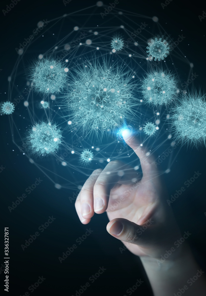 Poster Man analyzing coronavirus with digital holographic projection close-up 3D rendering
