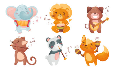 Cartoon Animals Playing Musical Instruments with Cat Fluting Vector Set
