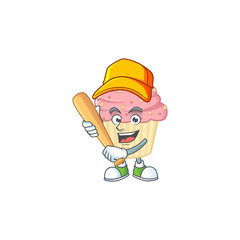 Strawberry cupcake cartoon design concept of hold baseball stick