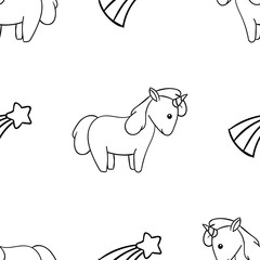 Seamless pattern, black and white cute hand drawn unicorn doodle, coloring pages
