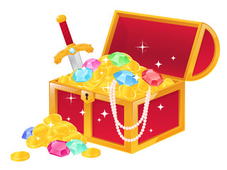 宝箱イラスト_コインと宝石と剣_赤