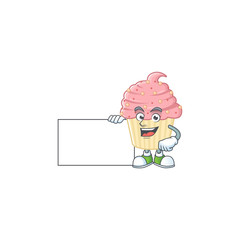 Strawberry cupcake cartoon character concept Thumbs up having a white board