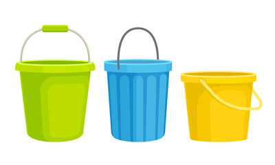 Cleaning Equipment with Different Buckets Isolated on White Background Vector Set