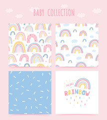 Cute baby collection seamless pattern with rainbow and lettering poster Follow the rainbow. Background in hand drawn style for children's room design, poster, wallpaper, textile. Vector illustration