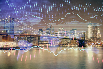 Financial chart on city scape with tall buildings background multi exposure. Analysis concept.