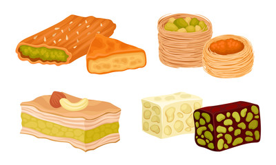 Oriental Sweets and Turkish Delights with Baklava and Rahat Lakoum Vector Set
