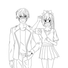 young couple using face masks anime characters
