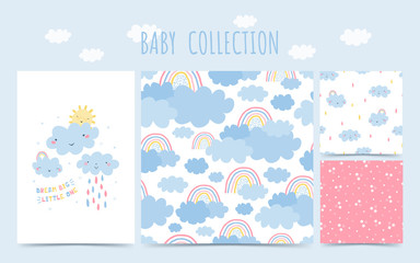 Cute baby collection seamless pattern with rainbow, clouds, rain for babies. Background in hand drawn style for children's room design, poster, wallpaper, textile, wrapping paper. Vector illustration