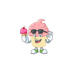 Cute strawberry cupcake cartoon character enjoying an ice cream